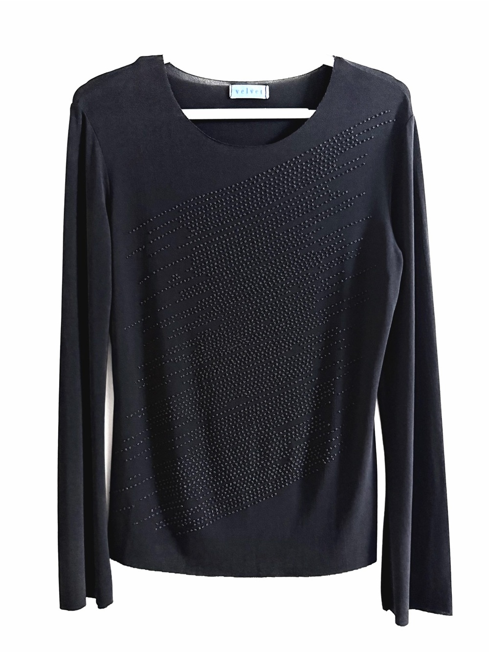 Velvet long-sleeve embellished mesh scoop neck top Black size L